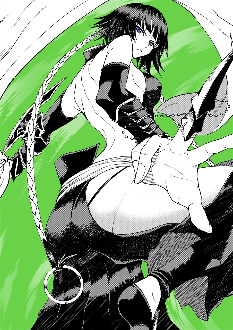 1girl bare_back bare_shoulders black_hair bleach claw_(weapon) elbow_gloves from_behind from_below from_side gloves greyscale highres kawabata_yoshihiro looking_at_viewer looking_back looking_down monochrome perspective revealing_clothes sideways_glance solo spot_color sui-feng weapon