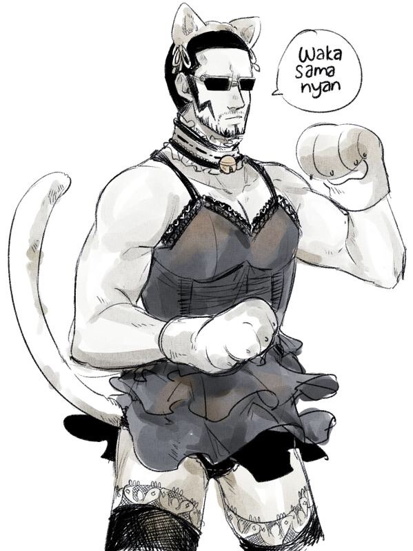 1boy animal_ears animal_hands beard cat_ears cat_tail crossdressing dress facial_hair glasses gloves male_focus monochrome one_piece paw_gloves simple_background solo sunglasses tail vergo_(one_piece) what white_background