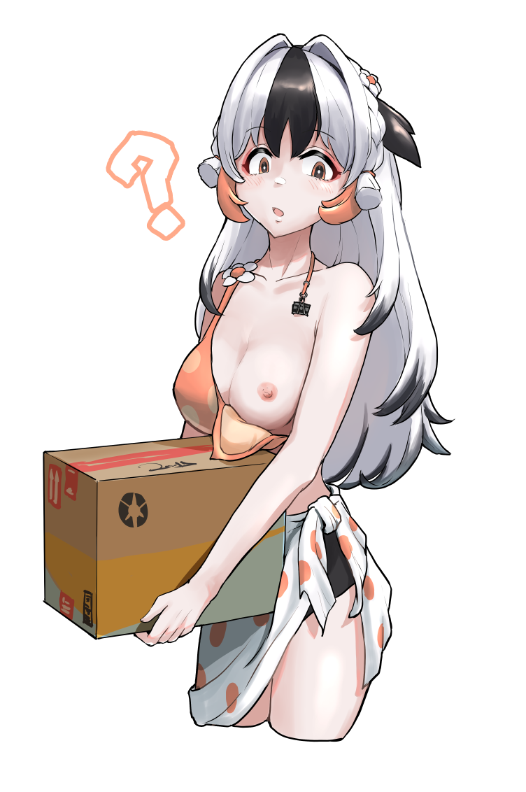 1girl :o ? arknights bare_shoulders bikini black_hair box braid breasts cardboard_box cropped_legs greyscale hair_intakes holding long_hair looking_at_viewer medium_breasts monochrome multicolored_hair niceratus_kiotensis nipples one_breast_out open_mouth orange_bikini orange_eyes sarong simple_background snowsant_(arknights) snowsant_(summer)_(arknights) solo streaked_hair swimsuit two-tone_hair very_long_hair wardrobe_malfunction white_background wide-eyed