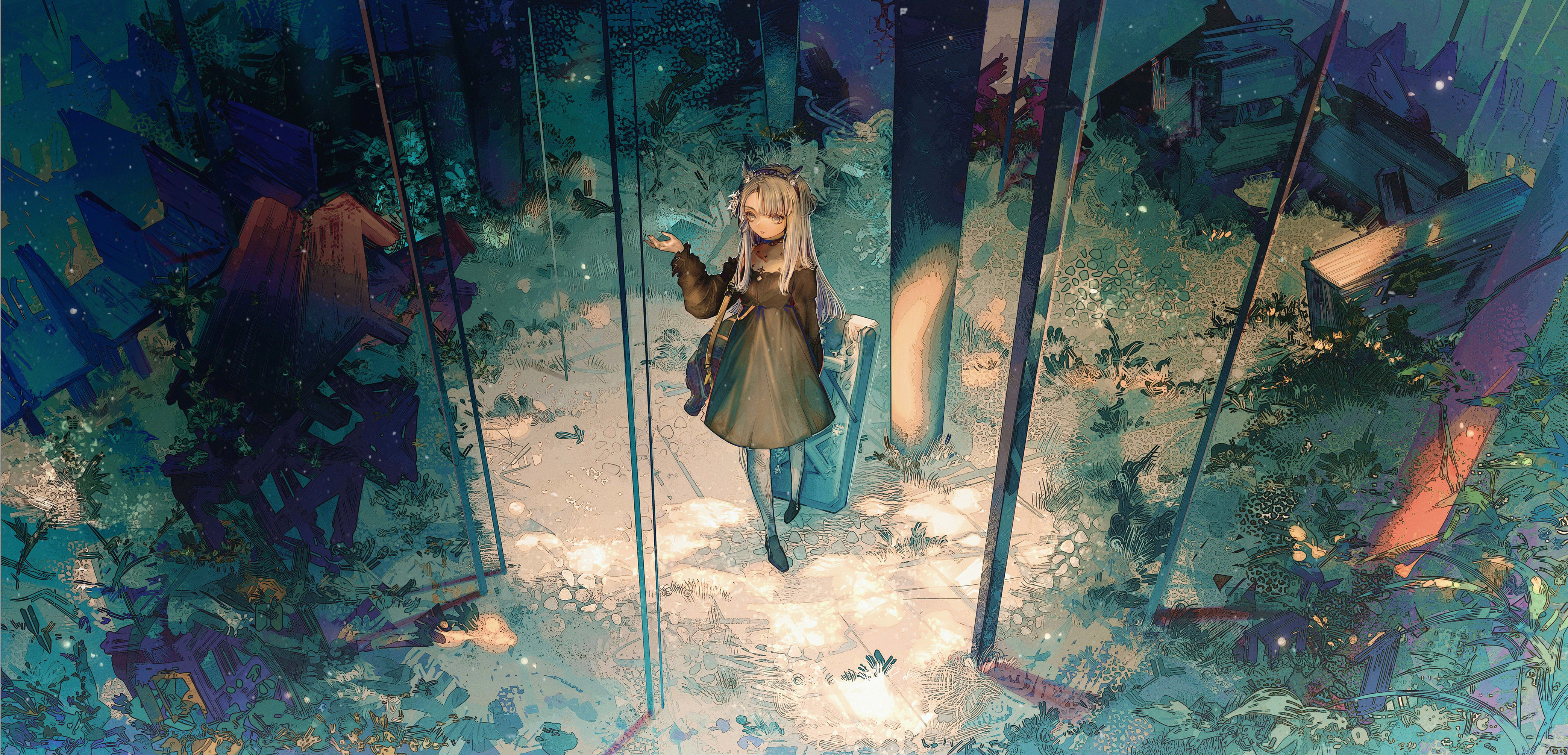 1girl absurdres animal_ears arknights asymmetrical_bangs bag black_bag black_dress black_shoes commentary dress grass grey_eyes grey_hair grey_hairband hairband hand_up handbag heavyrain_(arknights) heavyrain_(tranquil_moss)_(arknights) highres holding holding_shield horse_ears long_hair looking_afar moss official_alternate_costume parted_lips shield shoes smile solo standing stepcacc thighhighs tree white_thighhighs wide_shot