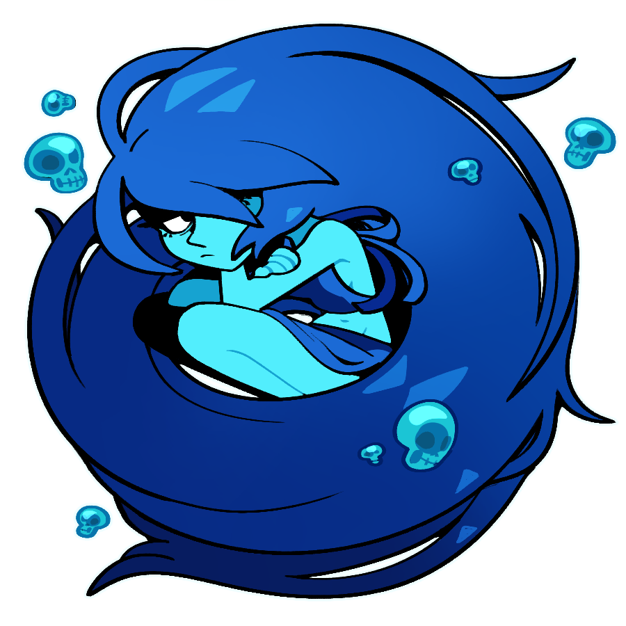 1girl alternate_hair_length alternate_hairstyle blue_hair blue_skin breasts closed_mouth colored_skin crop_top discount-supervillain lapis_lazuli_(steven_universe) shirt simple_background skull solo steven_universe water