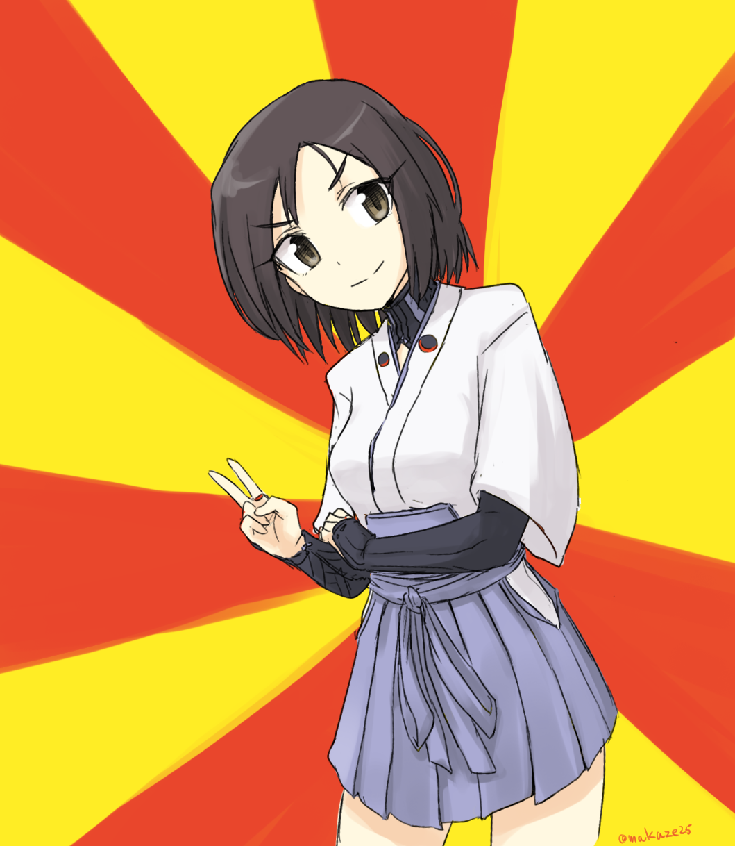 1girl bracer brown_eyes brown_hair eyebrows female_focus hakama hakama_skirt head_tilt highres japanese_clothes jewelry kuroda_kunika macedonian_flag makaze_(t-junction) meme neta noble_witches pleated_skirt ring short_hair signature skirt smile solo strike_witches sunburst v world_witches_series