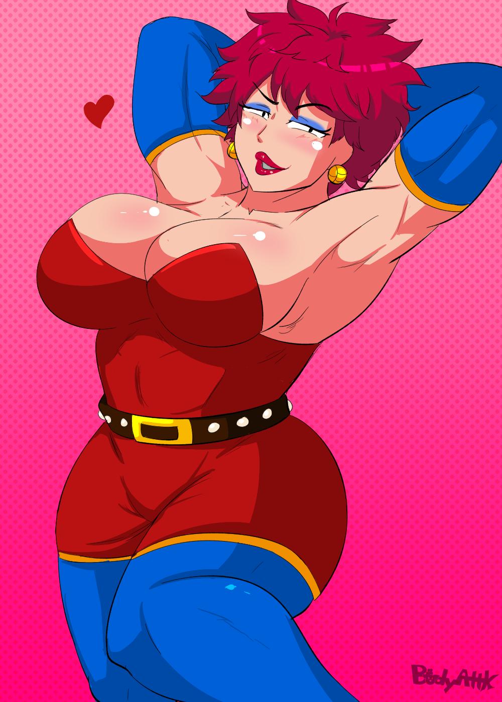 armpits belt blue_gloves blue_stockings bodyattk breasts cleavage dress earrings eyeliner female_focus gloves highres jewelry kunio-kun_series large_breasts lipstick makeup mature_female misuzu_(kunio-kun) muscular muscular_female red_dress red_hair river_city_girls solo thighhighs wayforward