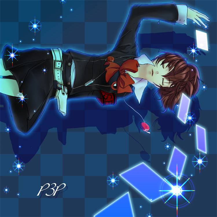 1girl armband artist_request atlus bow brown_hair card card_with_aura crossdraw_holster digital_media_player closed_eyes floating_card female_focus gun gun_holster headphones holster nora_(necomneco) persona persona_3 persona_3_portable ribbon school_uniform shiomi_kotone skirt solo weapon