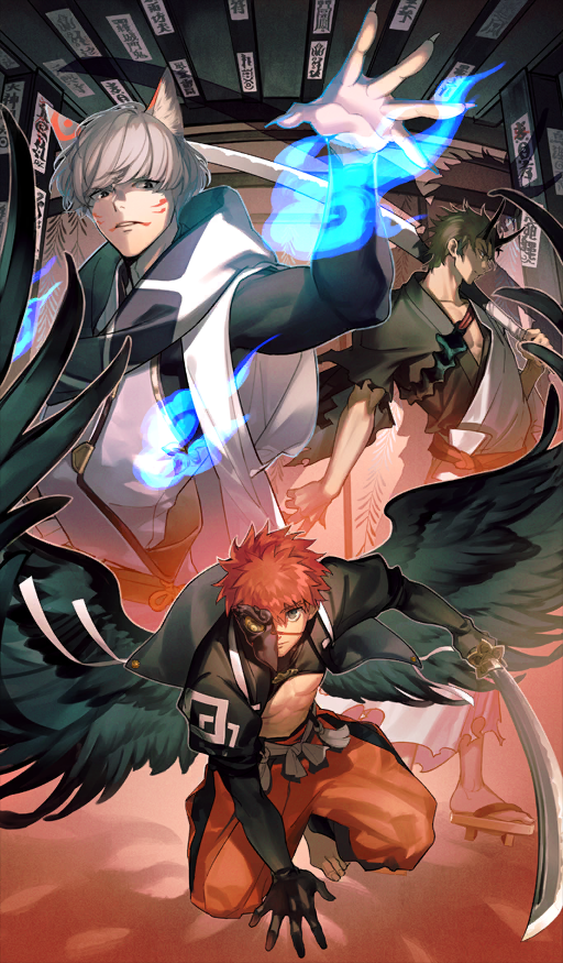3boys animal_ears arm_support barefoot bird_mask black_gloves black_hair black_kimono black_mask black_shirt black_wings blue_fire bowl_cut brown_eyes closed_mouth clothing_request collarbone commentary emiya_shirou expressionless fate/grand_order fate_(series) feathered_wings fire fox_ears frown fuji_mitsuya geta gloves grey_hair half_mask hijikata_toshizou_(fate) holding holding_sword holding_weapon horns huge_weapon japanese_clothes katana kimono kitsune kneeling long_sleeves looking_at_viewer male_focus marking_on_cheek mask multiple_boys no_socks official_alternate_costume official_art ofuda orange_eyes pants parted_lips pectorals puffy_pants red_hair red_pants red_sash sash senji_muramasa_(fate) senji_muramasa_(night_parade_of_one_hundred_demons)_(fate) shirt sword talisman tengu third-party_source watanabe_no_tsuna_(fate) weapon wings