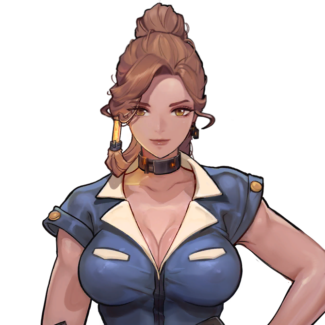 1girl breasts brown_eyes brown_hair cleavage closed_mouth collar covered_erect_nipples dark-skinned_female dark_skin female_focus forehead game_cg hair_tubes high_collar large_breasts last_origin lips long_hair looking_at_viewer miss_safety official_art parted_bangs police police_uniform policewoman ponytail rorobomb short_sleeves smile straight-on tight_clothes toned toned_female transparent_background upper_body