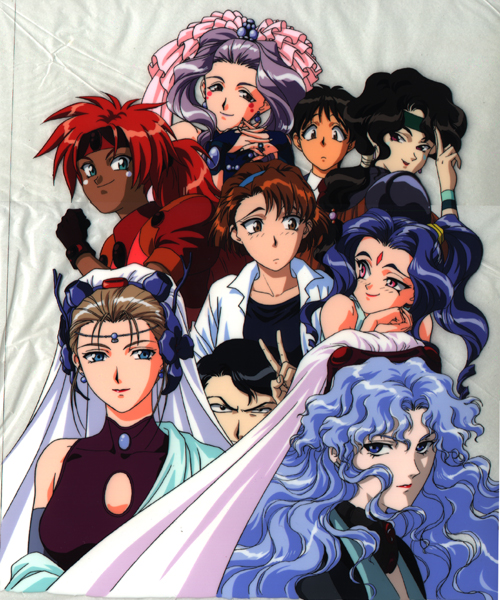 1990s_(style) 2boys 6+girls afura_mann alielle bandana black_eyes black_hair blonde_hair blue_eyes blue_hair brown_eyes brown_hair el_hazard facial_mark ifurita jinnai_katsuhiko jinnai_nanami lipstick long_hair makeup miz_mishtal mizuhara_makoto multiple_boys multiple_girls nakajima_atsuko ponytail purple_hair red_eyes red_hair retro_artstyle rune_venus shayla-shayla veil