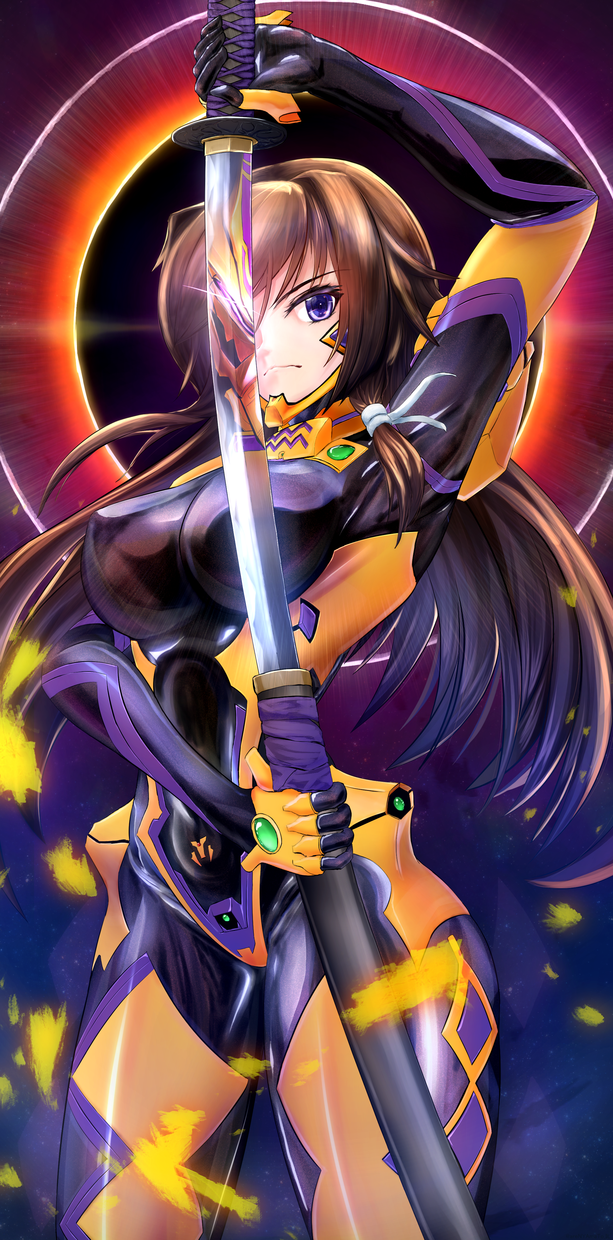 1girl absurdres breasts brown_hair eclipse floating_hair fortified_suit highres holding holding_sword holding_weapon katana large_breasts long_hair mecha mecha_pilot_suit muv-luv muv-luv_alternative muv-luv_total_eclipse nyato pilot_suit purple_eyes reflection robot science_fiction skin_tight solo sword tactical_surface_fighter takamura_yui type_00_takemikazuchi weapon
