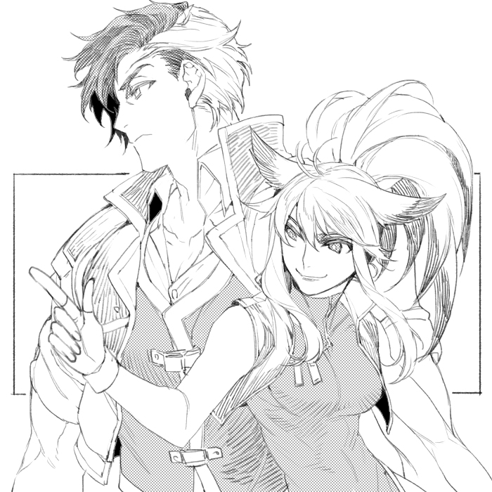 1boy 1girl animal_ears antenna_hair arisu_reiji breasts collared_shirt cropped_jacket cropped_vest fingerless_gloves fox_ears fox_girl frown gloves greyscale hair_between_eyes hiryuu_(kugelcruor) long_hair medium_breasts monochrome multicolored_hair muscular muscular_male namco_x_capcom pointing ponytail shirt short_hair sidelocks sleeveless sleeveless_turtleneck smile turtleneck two-tone_hair upper_body vest wide_ponytail xiaomu