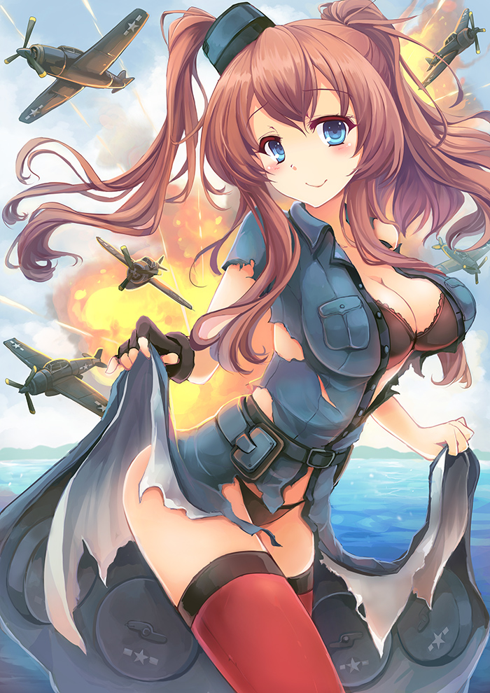 1girl aircraft airplane bad_id bad_pixiv_id black_bra black_dress black_gloves black_panties blue_eyes bra breast_pocket breasts brown_hair cleavage cowboy_shot dress explosion female_focus fingerless_gloves gloves goushou kantai_collection large_breasts long_hair looking_at_viewer magazine_(weapon) open_clothes open_dress panties pocket ponytail red_thighhighs saratoga_(kancolle) saratoga_mk_ii_(kancolle) side_ponytail solo thighhighs torn_clothes underwear