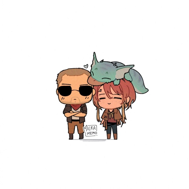 1boy 1girl animal animal_on_head black_jacket black_pants blush boots brown_boots brown_hair brown_pants brown_shirt buzz_cut chibi closed_eyes closed_mouth commentary courier_(fallout:_new_vegas) craig_boone crossed_arms english_commentary fallout fallout:_new_vegas freckles gecko grey_shirt hair_between_eyes heart jacket milramemo no_headwear noelle_(milramemo) on_head open_clothes open_jacket pants shadow shirt short_hair signature simple_background smile standing sunglasses tongue tongue_out very_short_hair white_background