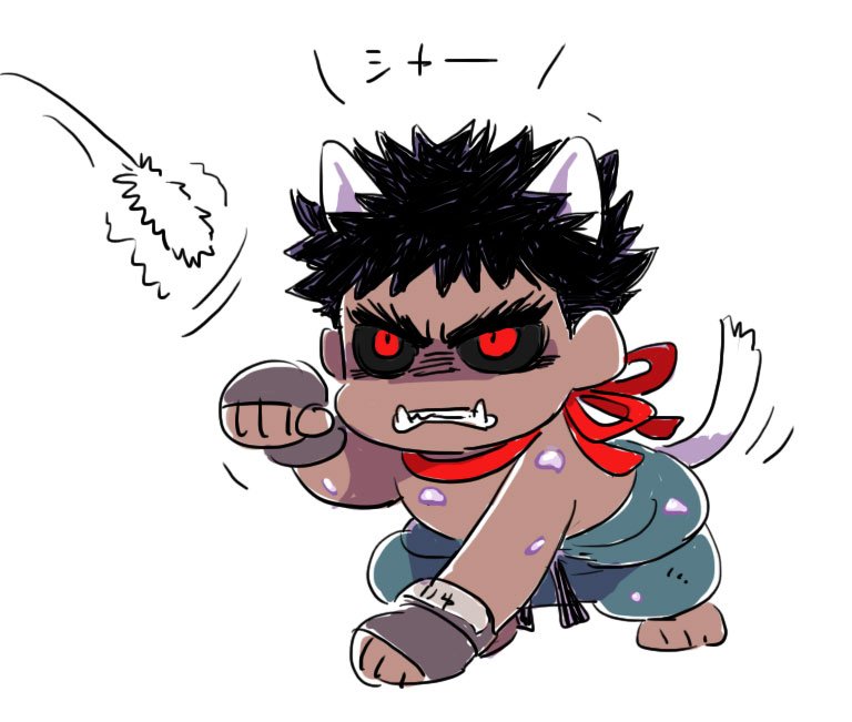 1boy all_fours animal_ears black_hair black_sclera cat_ears cat_tail cat_teaser chibi colored_sclera fangs fingerless_gloves gloves kagenarumono kamei_(yokoshima-ko) kemonomimi_mode male_focus paw_pose red_eyes ryu_(street_fighter) topless_male simple_background solo street_fighter street_fighter_v tail white_background