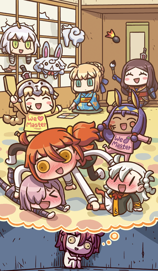 &gt;_&lt; 6+girls ahoge animal_ears artoria_pendragon_(fate) black_jacket blonde_hair blue_bow blue_gloves blue_kimono blush blush_stickers bow braid brown_hair bun_with_braided_base chaldea_uniform chibi chibi_only closed_eyes clothes_writing commentary crazy creature dagger eggplant expressionless extra_arms extra_legs facepaint fate/grand_order fate_(series) fou_(fate) fujimaru_ritsuka_(female) gloves green_eyes hagoita hair_bow hair_ornament hair_scrunchie hane_(hanetsuki) hanetsuki headband headpiece heart holding holding_paddle holding_paintbrush jack_the_ripper_(fate/apocrypha) jacket japanese_clothes jeanne_d&#039;arc_(fate) karuta_(card_game) kimono knife knife_in_head knifed leonardo_da_vinci_(fate) long_hair long_sleeves low-tied_long_hair low-tied_sidelocks maria_the_ripper mash_kyrielight mash_kyrielight_(demi-servant) medium_hair multiple_girls new_year nitocris_(fate) nude obi object_through_head official_art olga_marie_animusphere one_side_up open_mouth orange_hair orange_pantyhose orange_scrunchie paddle paintbrush pajamas pantyhose parted_bangs pink_pajamas pointing purple_hair rabbit_ears red_sash riyo_(lyomsnpmp) saber_(fate) sash scrunchie seiza short_hair sidelocks single_braid sitting smile speech_bubble standing third-party_source thought_bubble wall-eyed weapon white_hair white_jacket wide_sleeves yellow_pajamas yuri |_|
