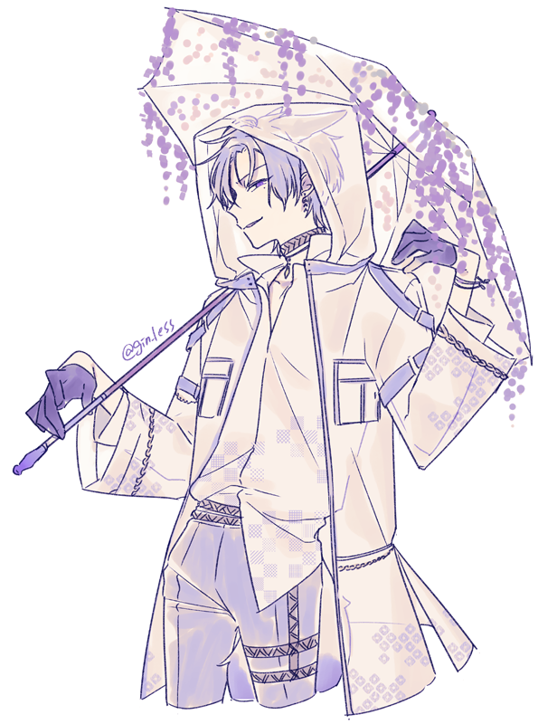 1boy alternate_costume animal_ears bishounen choker flower fox_boy fox_ears fox_tail gin_less gloves half_gloves holding holding_umbrella kuya_(nu_carnival) long_sleeves looking_at_viewer male_focus mole mole_under_eye nu_carnival pants purple_choker purple_eyes purple_gloves purple_hair purple_pants purple_theme shirt_partially_tucked_in short_hair tail transparent transparent_umbrella umbrella umbrella_flower wisteria