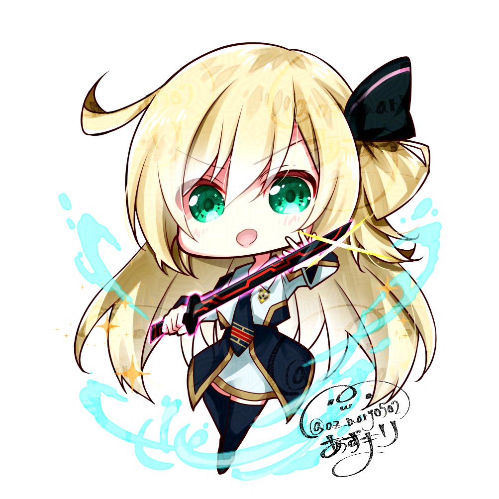 1girl aqua_eyes az_(colorb05) black_thighhighs blonde_hair chibi duel_monster full_body holding holding_sword holding_weapon jacket long_hair simple_background skirt sky_striker_ace_-_raye solo sword thighhighs weapon white_background white_jacket white_skirt yu-gi-oh!