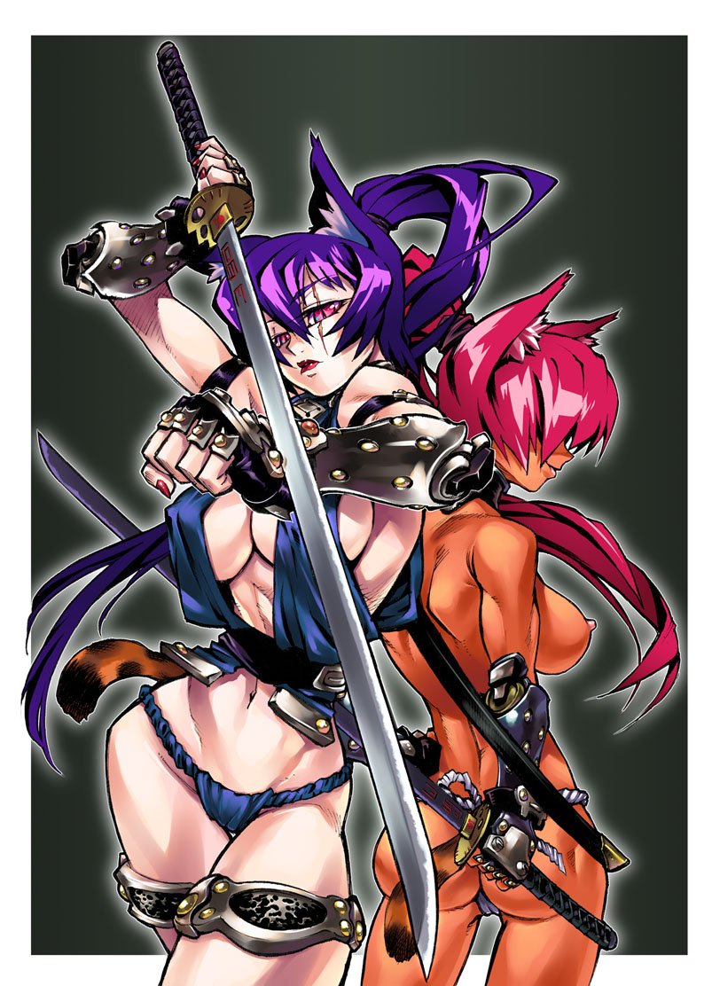 2girls animal_ears armband armlet armor ass back-to-back breasts cat_ears cat_tail cloe covered_erect_nipples dark-skinned_female dark_skin fundoshi gauntlets gloves japanese_clothes jewelry katana large_breasts lipstick lynx makeup midriff multiple_girls nail_(hardware) nail_polish ninja nipples ponytail purple_hair red_hair scar schell sheath shiro_(tamago_no_kara) sideboob sword tail tandem_twin thigh_strap thong topless_female weapon