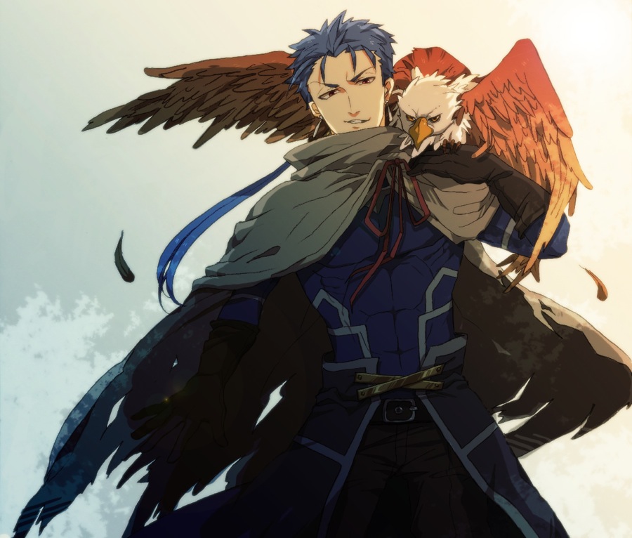 1boy 5_(femfamme) alternate_costume bad_id bad_pixiv_id bird black_gloves blue_hair cape cu_chulainn_(fate) cu_chulainn_(fate/stay_night) eagle fate/stay_night fate_(series) feathers gae_bolg_(fate) gloves long_hair male_focus ponytail red_eyes solo