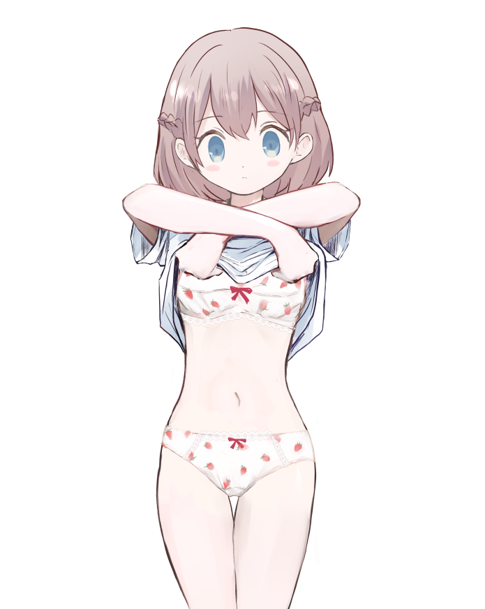 1girl :| blue_eyes blush_stickers bow bow_bra bow_panties bra braid breasts brown_hair closed_mouth commentary_request cowboy_shot dot_nose food_print fruit_print hair_intakes half_up_braid holding holding_shirt holding_unworn_clothes lace_trim navel original panties print_bra print_panties sarada_(meaf3748) shirt short_hair short_sleeves simple_background small_breasts solo standing straight-on strawberry_bra strawberry_panties strawberry_print underwear undressing unworn_shirt white_background white_panties white_shirt