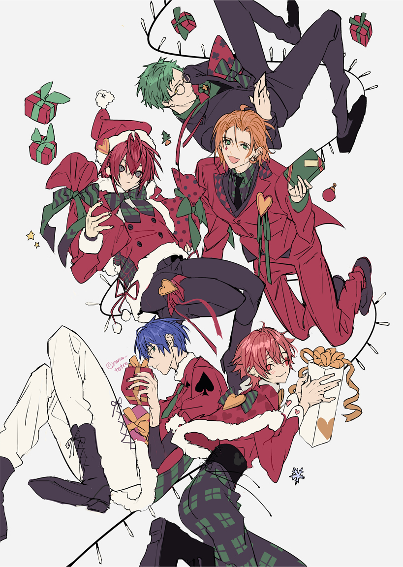5boys ace_trappola ahoge aqua_eyes black_boots black_shoes blue_hair blush boots bow bowtie brooch card cater_diamond checkered_bow checkered_bowtie checkered_clothes checkered_pants checkered_shirt christmas christmas_present christmas_tree closed_mouth deuce_spade facial_tattoo feet_out_of_frame full_body garland_(decoration) gift glasses green_bow green_bowtie green_eyes green_hair green_pants green_shirt grey_boots grey_bow grey_bowtie grey_eyes grey_jacket grey_pants grey_shirt grey_shoes hat hat_ornament heart heart_ahoge heart_brooch heart_hat_ornament holding holding_card holding_gift holding_sack jacket jewelry looking_at_viewer looking_to_the_side male_focus multiple_boys nana_tetra open_mouth orange_hair pants red_bow red_bowtie red_eyes red_hair red_jacket red_pants red_ribbon ribbon riddle_rosehearts sack santa_costume santa_hat shirt shoes short_hair simple_background smile snowflakes sparkle tattoo trey_clover twisted_wonderland twitter_username two-tone_bow two-tone_bowtie two-tone_pants two-tone_shirt white_background white_pants yellow_eyes