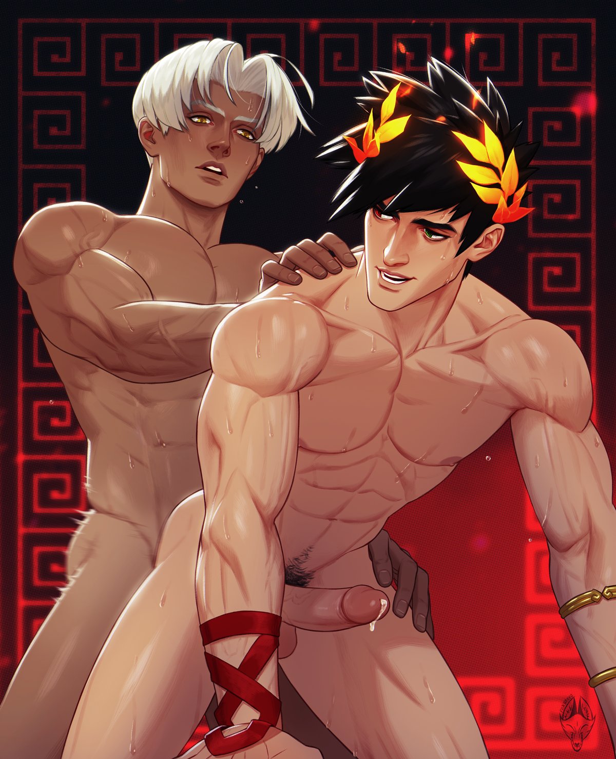 2boys abs bara black_hair completely_nude dark-skinned_male dark_skin erection fox_bravo green_eyes grey_hair hades_(series) hades_1 heterochromia highres interracial large_pectorals looking_at_another male_focus male_pubic_hair multiple_boys muscular muscular_male navel nipples nude pectorals penis pubic_hair red_eyes sex sex_from_behind short_hair smile testicles thanatos_(hades) yaoi zagreus_(hades)