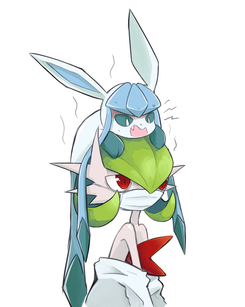 blue_eyes blue_fur colored_skin dmt_(auburn) fang fever gardevoir gen_3_pokemon gen_4_pokemon glaceon mask mega_gardevoir mega_pokemon mouth_mask nintendo on_head open_mouth pokemon pokemon_(creature) pokemon_on_head red_eyes sick simple_background white_background white_skin