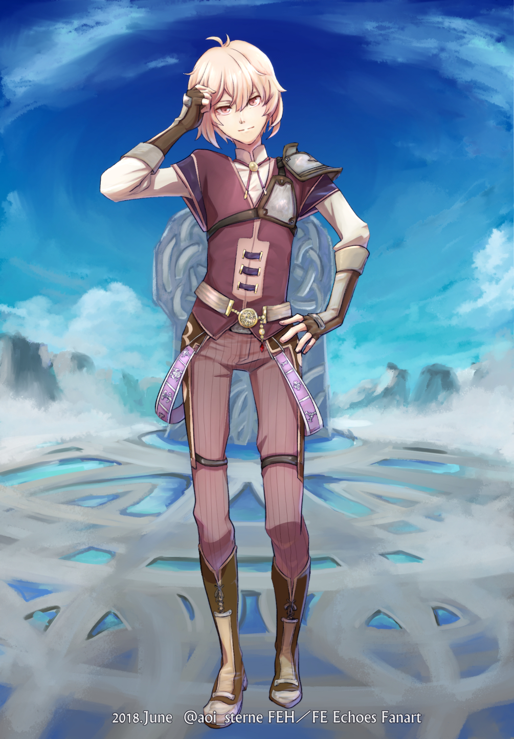 1boy aoi_(xxxaoi) artist_name belt boots cloud copyright_name fingerless_gloves fire_emblem fire_emblem_echoes:_shadows_of_valentia fire_emblem_heroes gloves highres kliff_(fire_emblem) male_focus nintendo pauldrons pink_eyes shoulder_armor sky solo white_hair