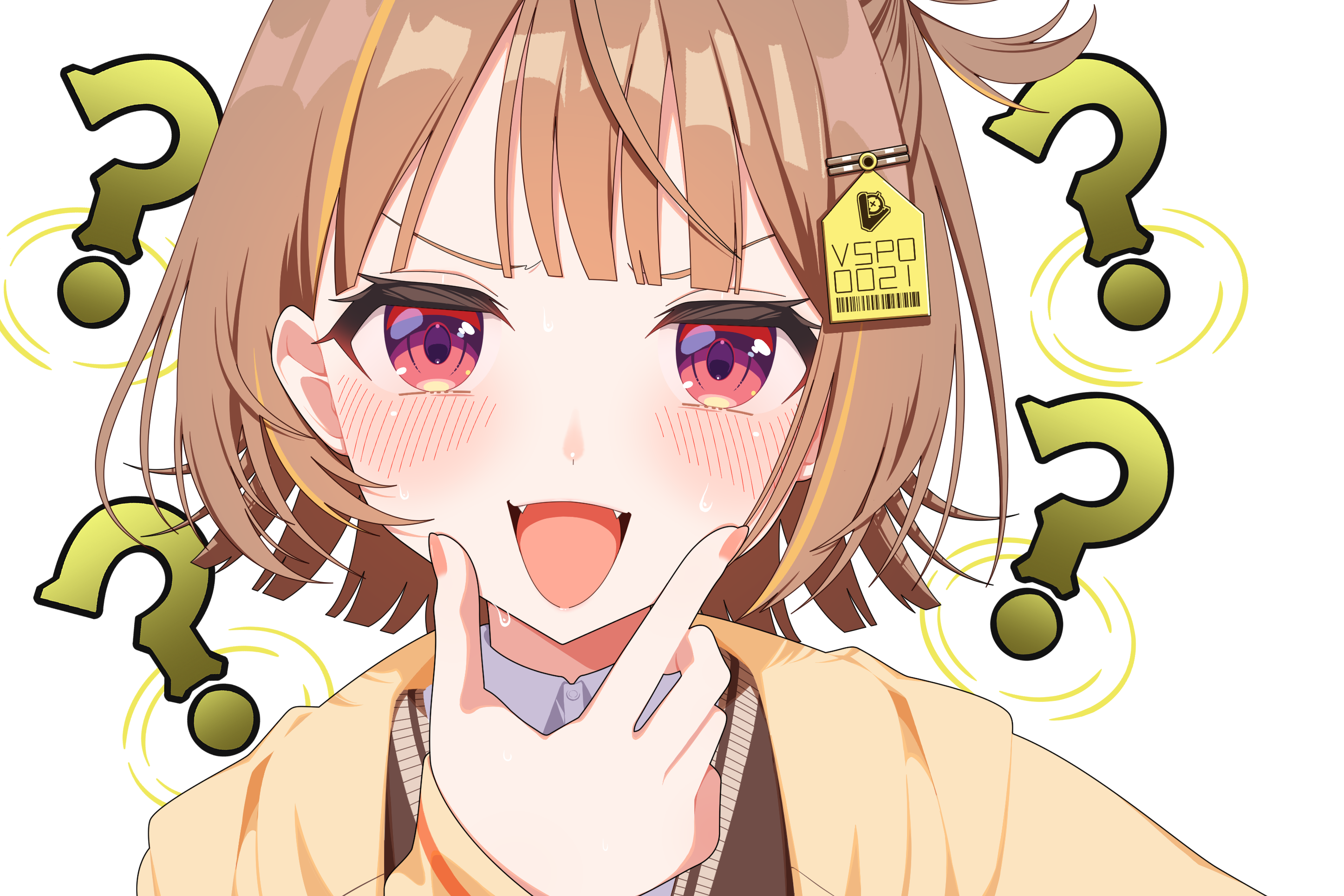 1girl ? ?? blush brown_hair brown_sweater collared_shirt fangs hair_ornament highres jacket looking_at_viewer multicolored_hair omas_lie open_mouth portrait purple_eyes sendo_yuuhi sendo_yuuhi_(1st_costume) shirt short_hair simple_background solo streaked_hair sweatdrop sweater v-shaped_eyebrows virtual_youtuber vspo! white_background yellow_jacket