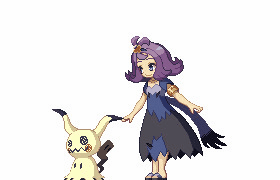 1girl acerola_(pokemon) animated animated_gif creatures_(company) elite_four game_freak gen_7_pokemon hair_ornament lowres mimikyu nintendo pokemon pokemon_sm purple_hair sandals shirokuro_(oyaji) smile white_background