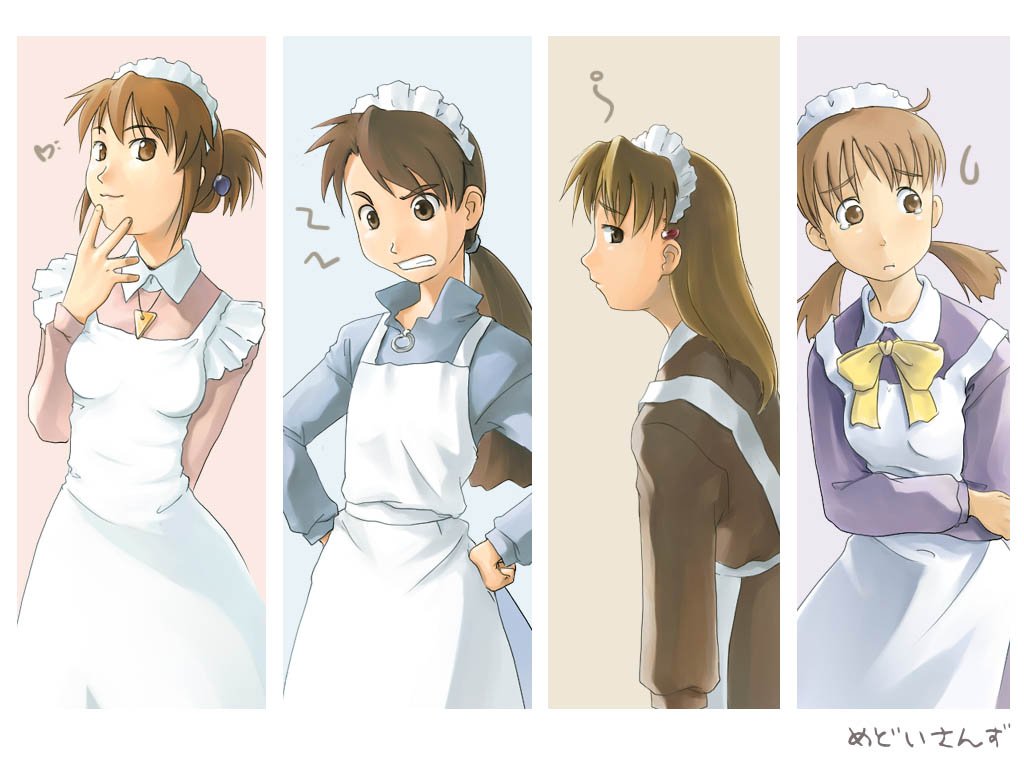 4girls angry apron bow brown_hair exhausted flat_chest futaba_channel hair_ornament hairclip heart hidoi jewelry kudoi long_hair maid maid_apron maid_headdress medoi modoi multiple_girls mutou_youshun naughty_face nijiura_maids pendant ponytail revision short_hair spoken_heart tears twintails
