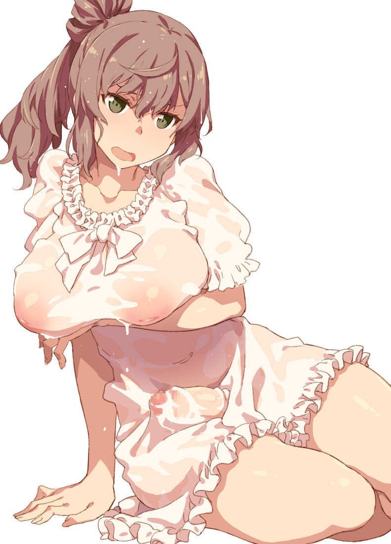 1futa arm_support breasts bulge censored cevio commentary_request covered_navel cum dress erection erection_under_clothes futanari green_eyes inverted_nipples large_breasts mosaic_censoring nipples open_mouth penis puffy_short_sleeves puffy_sleeves satou_sasara see-through_clothes short_hair short_sleeves simple_background sitting solo takemura_sessyu thighs wet wet_clothes white_background white_dress