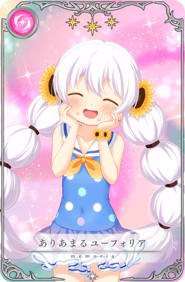 1girl ^_^ bare_shoulders bishie_sparkle blue_one-piece_swimsuit blue_skirt blush bracelet braid card_(medium) closed_eyes collarbone cowboy_shot crumbs dot_nose dress_swimsuit fingernails flower flower_bracelet frilled_skirt frills game_cg hair_flower hair_ornament hands_on_own_cheeks hands_on_own_face happy jewelry kozakura_(dictionary) long_hair low_twin_braids magia_record:_mahou_shoujo_madoka_magica_gaiden mahou_shoujo_madoka_magica miniskirt momoe_nagisa momoe_nagisa_(swimsuit_costume) neckerchief official_art one-piece_swimsuit open_mouth picture_frame pink_background polka_dot_one-piece_swimsuit ring sailor_collar skirt smile solo sparkle standing star_(symbol) sunflower swimsuit translated twin_braids very_long_hair white_hair white_sailor_collar yellow_flower yellow_neckerchief