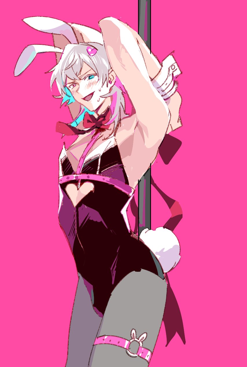 1boy animal_ears armpit_crease arms_up black_leotard blue_eyes blue_hair blush bow bowtie crossdressing crossdressing_(mtf) detached_collar gavis_bettel grey_hair heterochromia highres holding holding_pole holostars holostars_english leotard looking_at_viewer lynnear male_focus male_playboy_bunny multicolored_hair o-ring o-ring_thigh_strap open_mouth pink_background pink_eyes pink_hair pole pole_dancing rabbit_boy rabbit_ears rabbit_hole_(vocaloid) rabbit_tail red_bow red_bowtie sketch solo standing sweat tail thigh_strap virtual_youtuber