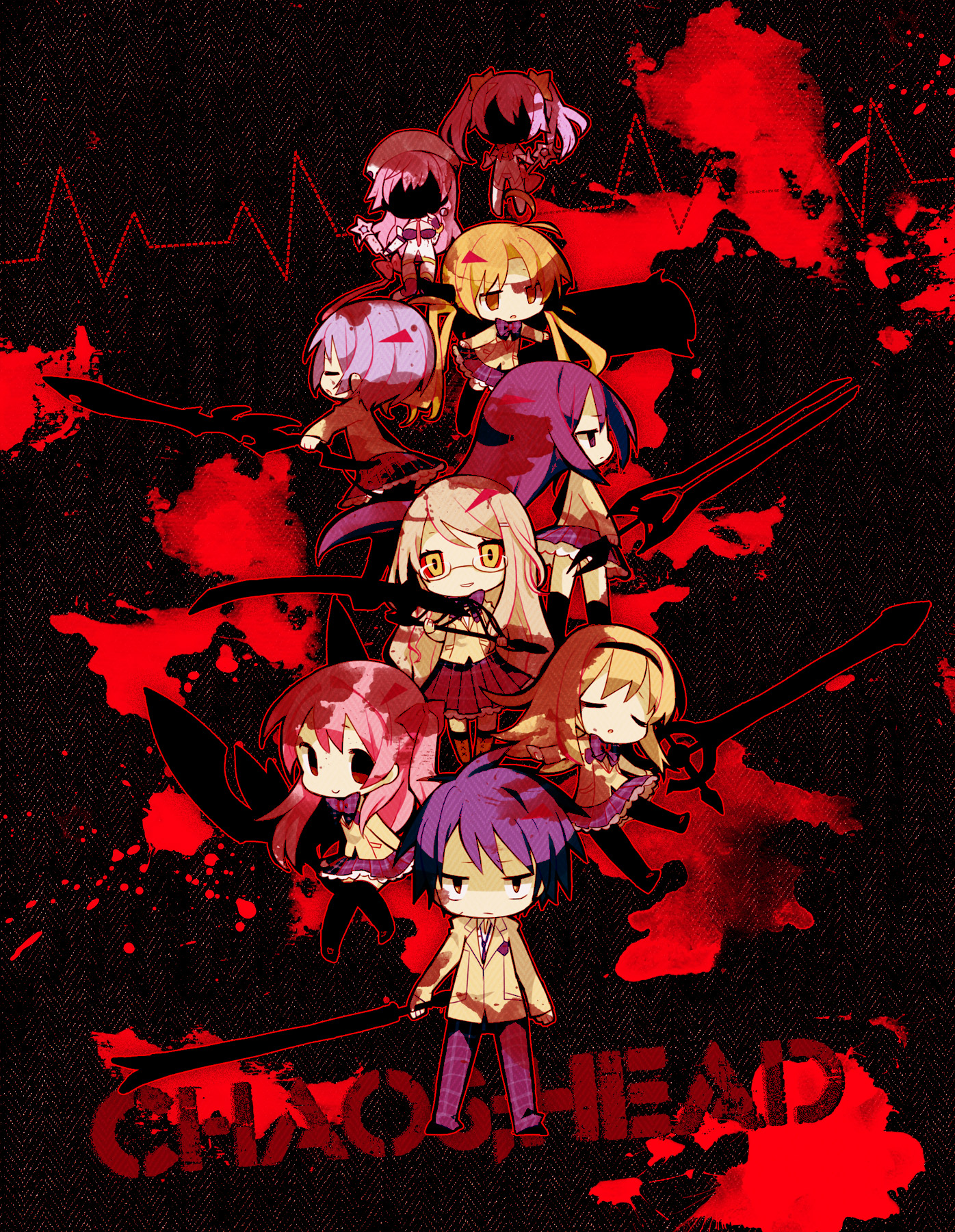 >_< 00s 1boy 6+girls aoi_sena blazer blonde_hair blood blood_splatter blue_eyes blue_hair blue_skirt bow bowtie brown_eyes chaos;head closed_eyes copyright_name crazy_eyes earrings empty_eyes erin-fray_orgel fang finger_to_mouth frilled_skirt frills glasses hair_ornament hair_ribbon hairband hairpin highres jacket jewelry kishimoto_ayase kneehighs kusunoki_yua magical_girl mamimu_(ma-mi-mu.me) multiple_girls necktie nishijou_nanami nishijou_takumi no_eyes orihara_kozue outline pantyhose parted_bangs pink_hair pleated_skirt ribbon sakihata_rimi seira_orgel silver_hair skirt smile socks star_(symbol) star_hair_ornament swept_bangs sword thighhighs twintails wand weapon