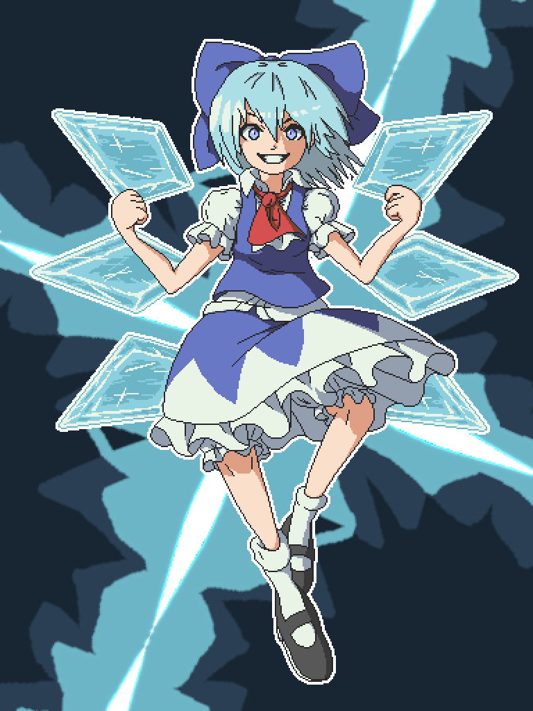 aksawshin ascot black_shoes blue_bow blue_dress blue_eyes blue_hair bow cirno collared_shirt dress embodiment_of_scarlet_devil flat_chest hair_bow ice ice_wings long_dress mary_janes pixel_art puffy_short_sleeves puffy_sleeves red_ascot shirt shoes short_dress short_hair short_sleeves smile socks touhou white_shirt wings