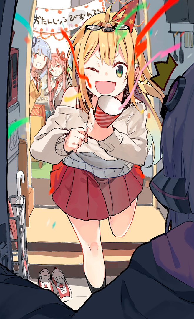 4girls ^^^ apartment birthday_party black_hoodie blue_hair blue_ribbon cardigan casual commentary doorway eyewear_on_head fang groucho_glasses glasses green_eyes grey_cardigan hair_ribbon happy_birthday hitogome holding holding_party_popper birthday_sash hood hoodie indoors kotonoha_akane kotonoha_aoi long_sleeves looking_at_another multiple_girls necktie off_shoulder one_eye_closed open_mouth party_popper pink_hair pleated_skirt purple_hair red_eyes red_necktie red_ribbon red_skirt ribbon skin_fang skirt smile spaghetti_strap standing standing_on_one_leg sweater translated tsurumaki_maki umbrella vocaloid voiceroid waving white_sweater yellow_cardigan yuzuki_yukari