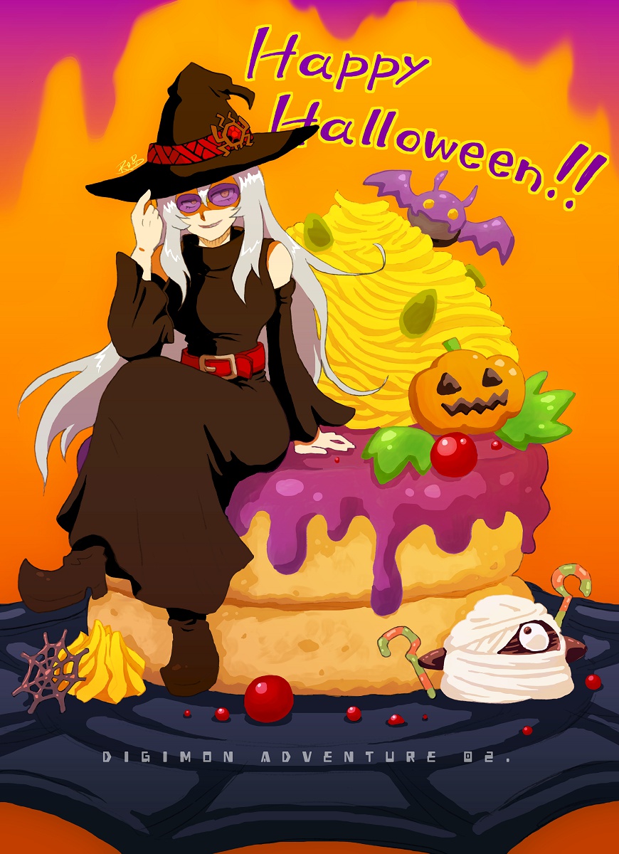 archnemon blue_hair digimon digimon_(creature) glasses halloween halloween_costume hat highres long_hair mummymon