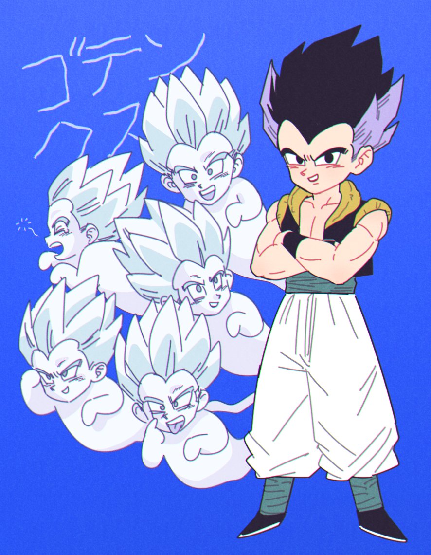 6+boys baggy_pants black_eyes black_footwear black_hair blue_sash child cropped_vest crossed_arms dragon_ball ghost gotenks legband looking_at_viewer metamoran_vest multicolored_hair multiple_boys muscular muscular_male pants purple_hair saiyan sash smile spiked_hair teeth vest white_pants wristband yang_pa_00