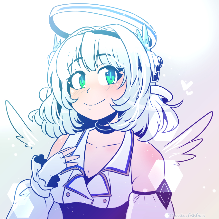 1girl angel_wings black_choker black_hairband blush breasts choker cleavage commentary detached_sleeves english_commentary fingerless_gloves gloves green_eyes grey_background grey_hair hair_intakes hairband halo hand_on_own_chest heart kamishiro_rita mechanical_halo medium_breasts portrait prism_project smile solo thestarfishface twitter_username virtual_youtuber white_gloves wings