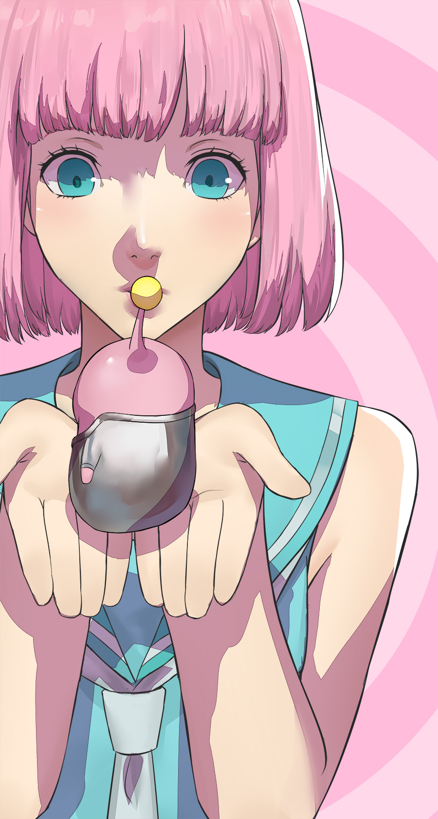1boy alien blazpu blue_eyes blue_sailor_collar blue_serafuku bob_cut catherine:_full_body catherine_(game) creature hand_up highres holding holding_creature necktie own_hands_together pink_background pink_eyes rin_(catherine) sailor_collar school_uniform serafuku short_hair simple_background sleeveless solo trap upper_body white_necktie