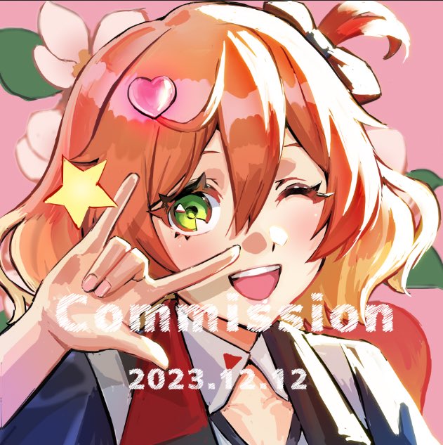 1girl \m/ blonde_hair blue_jacket blush bow colored_tips commission dated flower food freyja_wion fruit green_eyes hair_bow hair_ornament heart heart-shaped_hair jacket looking_at_viewer macross macross_delta macross_frontier multicolored_hair nekkikamille one_eye_closed one_side_up orange_hair peach pink_background portrait red_bow seikan_hikou smile solo star_(symbol) star_hair_ornament white_flower