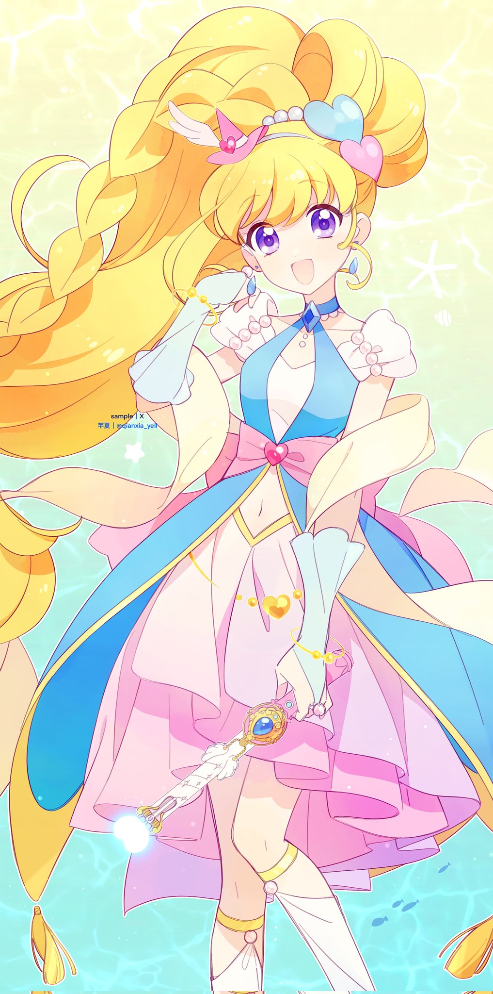 1girl asahina_mirai blonde_hair blue_arm_warmers blue_background blue_choker blue_gemstone blue_shirt breasts choker cowboy_shot cure_miracle cure_miracle_(sapphire_style) earrings folded_braid gem gradient_background hair_ornament hat heart heart_hair_ornament heart_wand highres jewelry long_hair looking_at_viewer magical_girl mahou_girls_precure! medium_breasts mini_hat mini_witch_hat navel open_mouth pink_hat pink_skirt precure purple_eyes qianxia_yell shawl shirt skirt smile solo wide_ponytail witch_hat