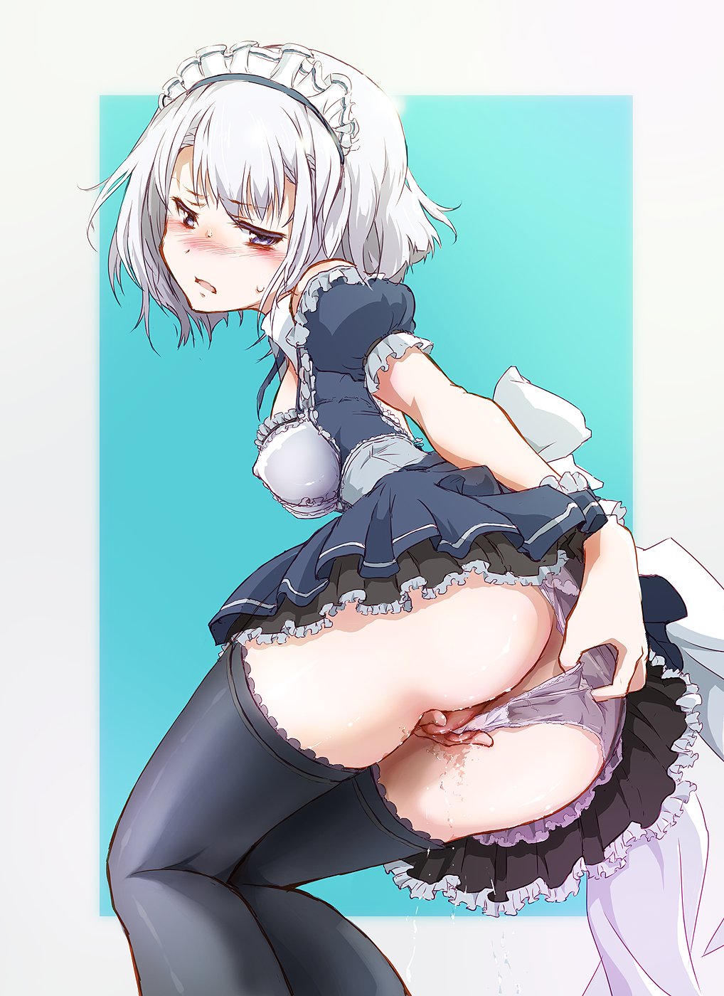 1girl black_thighhighs blush cleft_of_venus covered_erect_nipples highres izumi_kanagi looking_back magia_record:_mahou_shoujo_madoka_magica_gaiden mahou_shoujo_madoka_magica maid maid_headdress open_mouth panties panty_pull pussy pussy_juice pussy_peek shiika_sadamasa simple_background solo thighhighs underwear white_hair