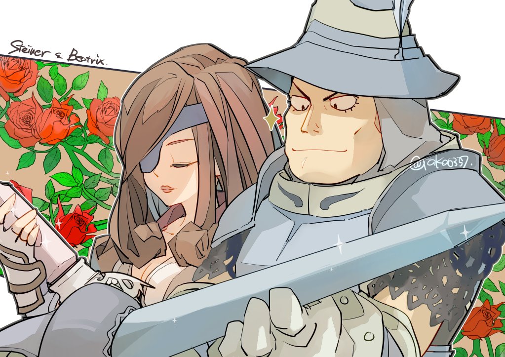 1boy 1girl adelbert_steiner armor beatrix_(ff9) border breastplate breasts brown_hair character_name cleavage closed_eyes closed_mouth curly_hair eyepatch final_fantasy final_fantasy_ix fingerless_gloves floral_background flower gloves helmet holding holding_sword holding_weapon knight medium_breasts medium_hair one_eye_covered plate_armor red_flower red_rose rose shoulder_armor smile sword takase_toho twitter_username upper_body weapon white_border