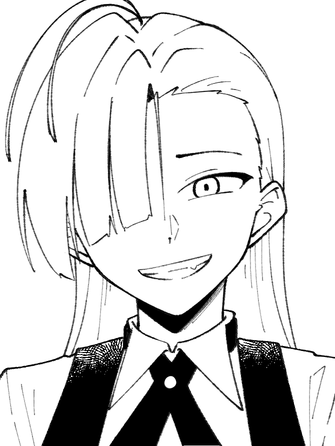 1girl ado_(utaite) ahoge clenched_teeth commentary_request fang greyscale hair_over_one_eye long_hair merry_(ado) monochrome neck_ribbon nori_(norinori_yrl) readymade_(ado) ribbon simple_background solo teeth transparent_background