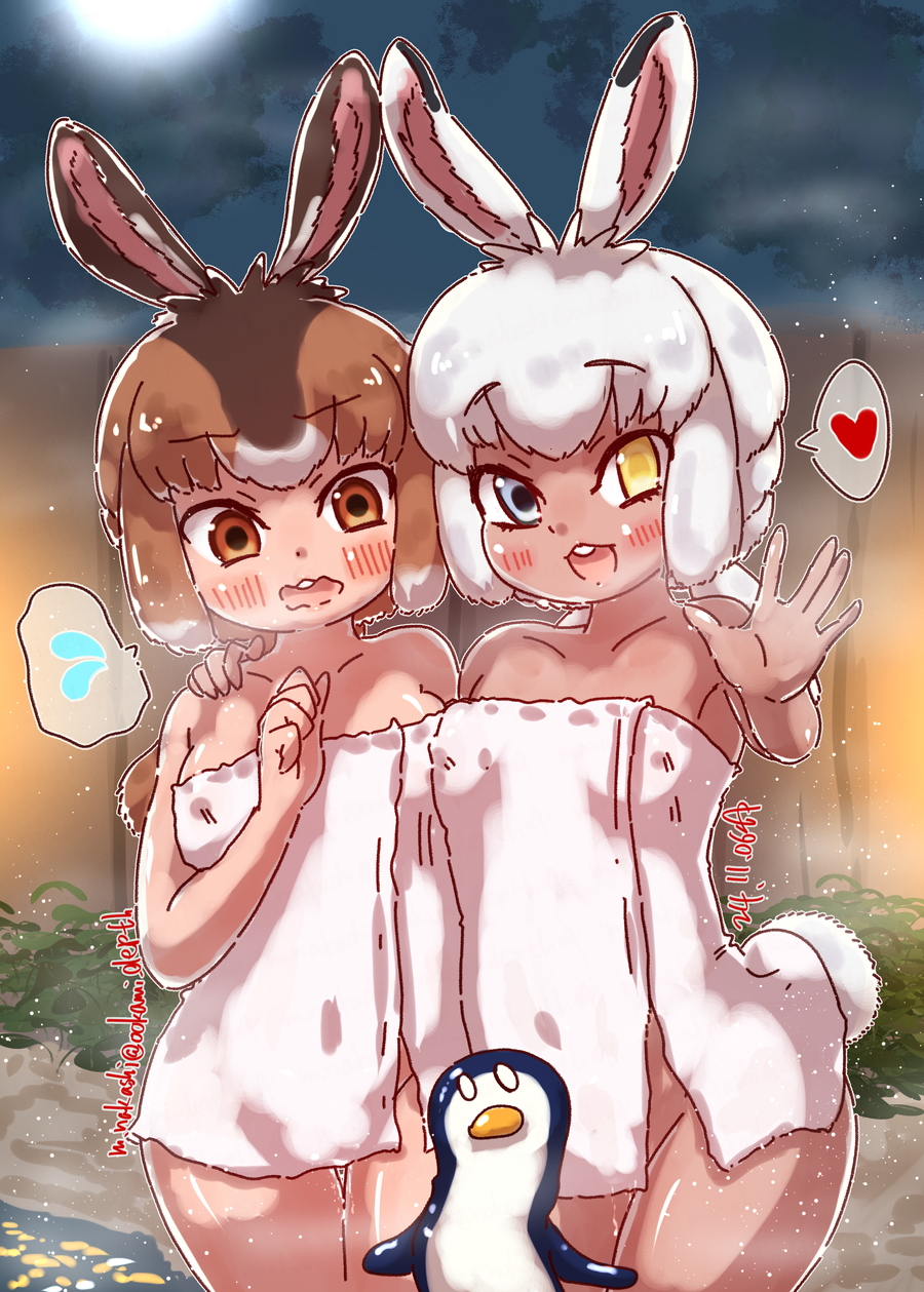 2girls alternate_costume animal_ears bare_legs bare_shoulders bird blue_eyes blush brown_eyes brown_hair cowboy_shot dark-skinned_female dark_skin hair_between_eyes heart heterochromia highres japanese_hare_(kemono_friends) kemono_friends light_brown_hair multicolored_hair multiple_girls nakashi_masakumi naked_towel night night_sky onsen open_mouth penguin rabbit_ears rabbit_girl rabbit_tail sidelocks sky sleeveless spoken_heart spoken_sweatdrop sweatdrop tail towel translation_request tsukuyomi_shinshi_(kemono_friends) wavy_mouth white_hair yellow_eyes