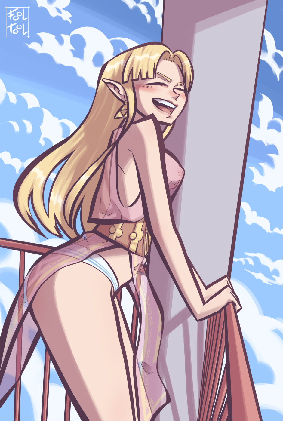 1girl bare_shoulders blonde_hair blue_sky blush breasts closed_eyes earrings elf fooltool grin highres jewelry laughing legs long_hair nintendo open_mouth panties pointy_ears princess_zelda see-through_clothes sky smile solo super_smash_bros. the_legend_of_zelda the_legend_of_zelda:_a_link_between_worlds thighs triangle_earrings triforce underwear white_panties wind