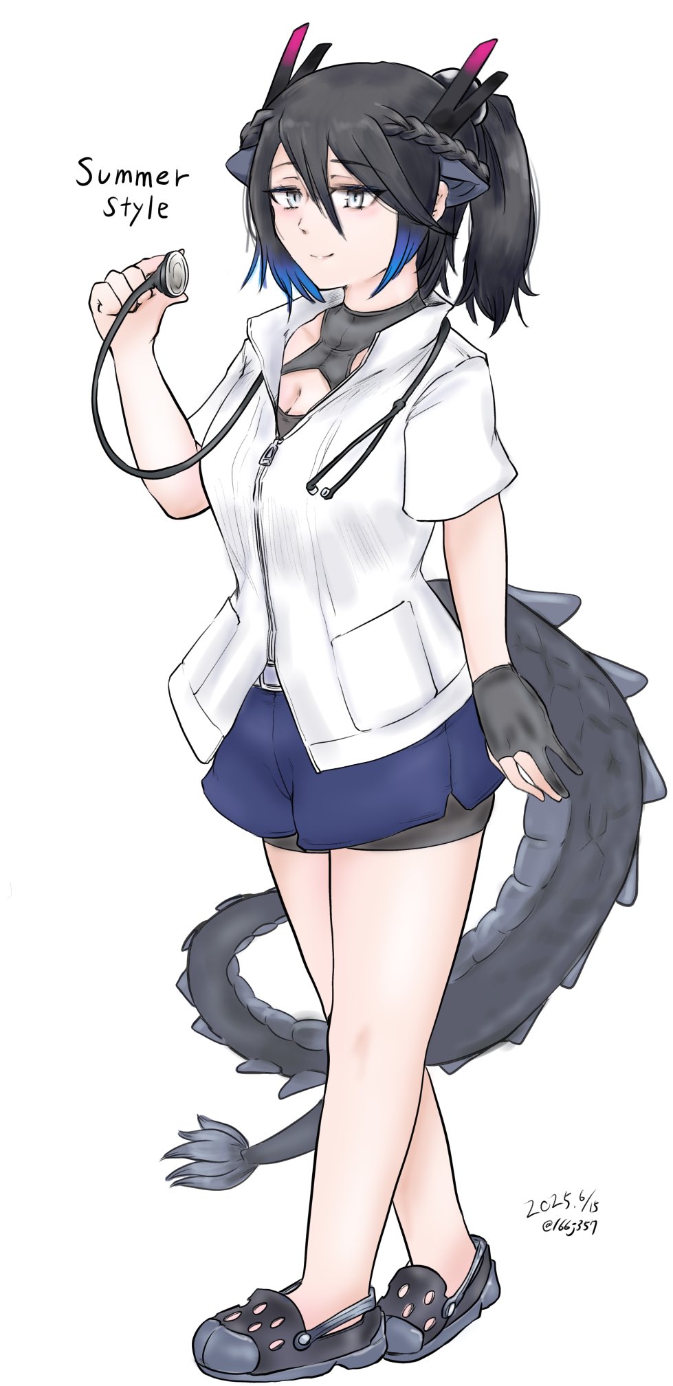 1girl adapted_costume alternate_hairstyle animal_ears bike_shorts bike_shorts_under_shorts black_dragon_(kemono_friends) black_gloves black_hair black_shirt black_shoes blue_hair blue_shorts braid crocs crown_braid dolphin_shorts dragon_ears dragon_girl dragon_horns dragon_tail extra_ears fingerless_gloves full_body gloves grey_eyes hair_between_eyes highres horns kemono_friends multicolored_hair ponytail popped_collar saja_(166j357) shirt shoes short_hair short_shorts short_sleeves shorts sidelocks slit_pupils smile solo stethoscope_around_neck t-shirt tail white_shirt zipper