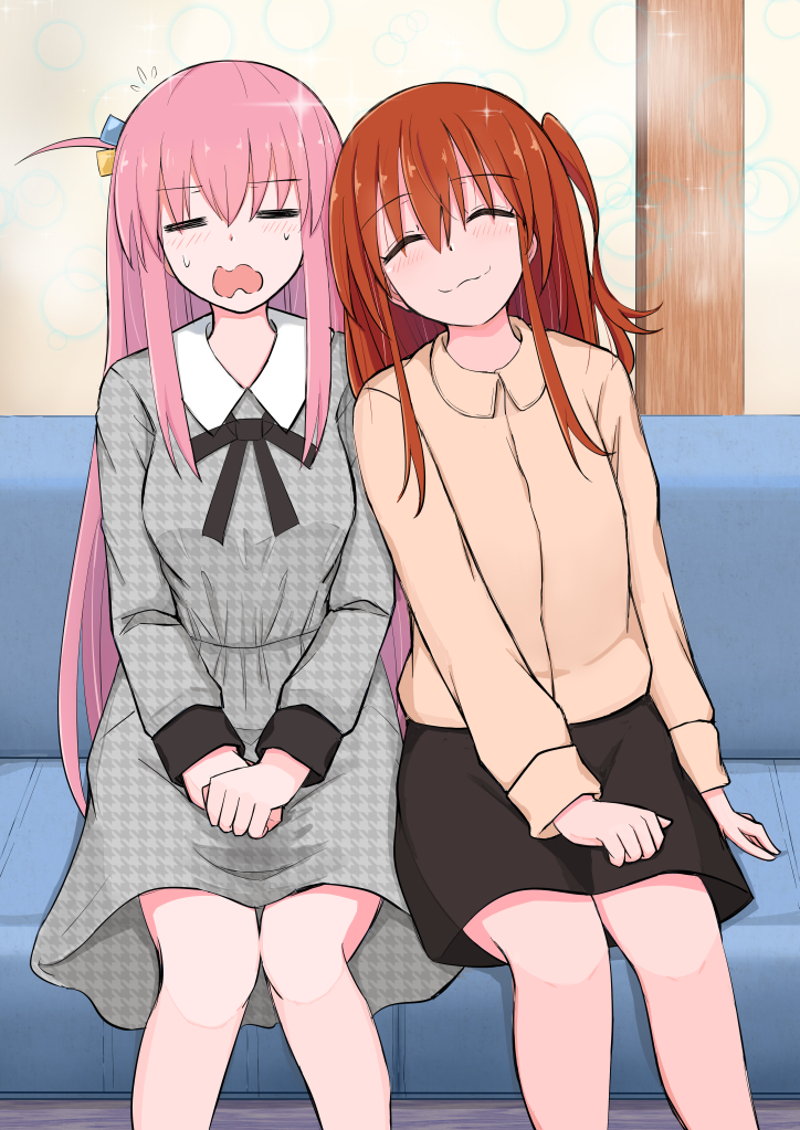 2girls 3535mb :3 =_= black_ribbon black_skirt blush bocchi_the_rock! closed_eyes collared_dress commentary dress gotoh_hitori grey_dress kita_ikuyo long_hair long_sleeves multiple_girls neck_ribbon one_side_up open_mouth pink_hair red_hair ribbon shirt skirt sleeping sleeping_on_person smile sparkle sweatdrop very_long_hair wavy_mouth yellow_shirt yuri