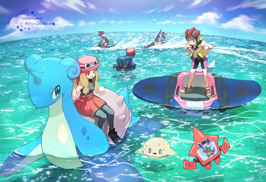 1girl 4boys afloat artist_name black_footwear black_thighhighs calem_(pokemon) cloud cocoloco commentary_request day eyewear_on_headwear gen_1_pokemon gen_2_pokemon gen_3_pokemon gen_4_pokemon hands_on_own_hips hat lapras light_brown_hair long_hair looking_down mantine mega_pokemon mega_sharpedo multiple_boys nintendo outdoors pink_headwear pleated_skirt pokemon pokemon_(creature) pokemon_swsh pokemon_xy red_skirt rhydon riding riding_pokemon rotom rotom_bike rotom_dex serena_(pokemon) sharpedo shoes sitting skirt sky standing sunglasses thighhighs victor_(pokemon) water watermark