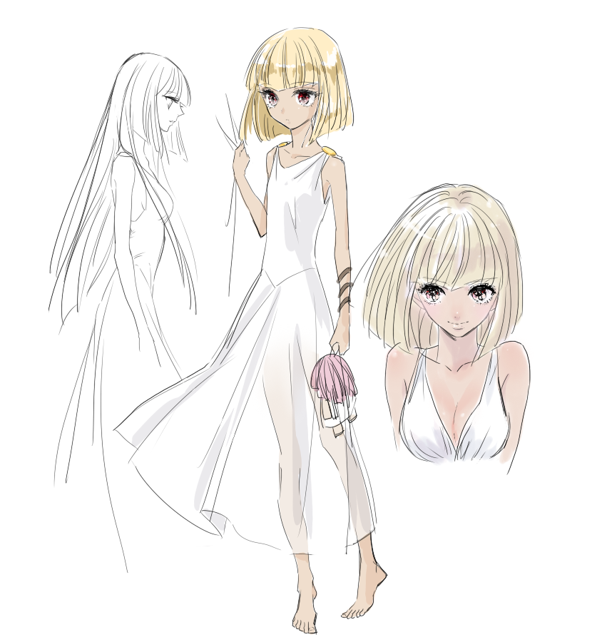 10s 2girls artist_request barefoot blonde_hair breasts dark-skinned_female dark_skin dress female_focus kido_saori long_hair multiple_girls multiple_persona aged_up pallas saint_seiya saint_seiya_omega short_hair simple_background white_background aged_down